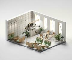 vista isométrica tienda de café mínima abierta dentro de la arquitectura interior, arte digital de renderizado 3d. foto