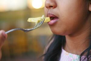 closeup of child eating french fries photo