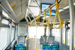 A row of yellow handle on a bus photo