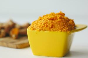 turmeric root and paste in a bowl on white background photo