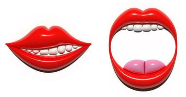 Open mouth with red lips, white teeth and mouth with a smile, grin. 3D rendering illustration photo