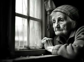un triste mayor mujer mirando mediante un ventana. ai generado foto