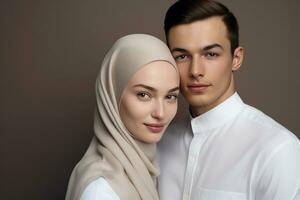 un joven musulmán Pareja. islámico matrimonio concepto. ai generado foto