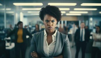 Angry African female worker in the office. AI Generated photo