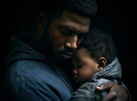 africano padre con su hijo en un negro antecedentes. ai generado foto
