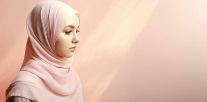 un joven musulmán mujer con hijab en rosado Copiar espacio. ai generado foto