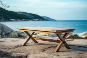 An empty wooden table near the beach with an ocean view. AI Generated photo
