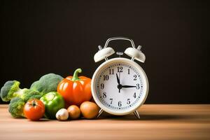 Alarm clock and vegetables. A healthy lifestyle. AI Generated photo