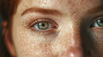 Close-up of a red-haired girl with freckles on her face. AI Generated photo