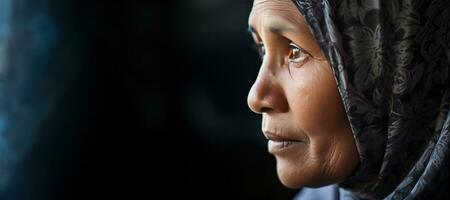 un triste mirando antiguo malayo mujer con Copiar espacio. ai generado foto