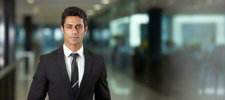 An Indian businessman in an office with copy space. AI Generated photo