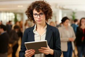 Young businesswoman using tablet computer in office. AI Generated photo