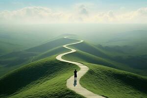 A child on a winding path to the top of the hill. AI Generated photo