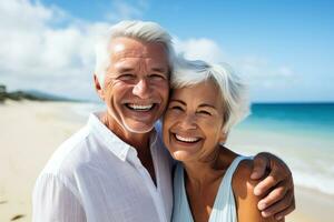 Happy senior couple on a beach. AI Generated photo