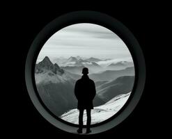 Man looking at the mountains through a circular window. AI Generated photo