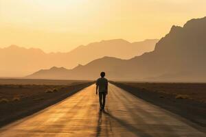 Silhouette of a man walking on the road in the desert. AI Generated photo