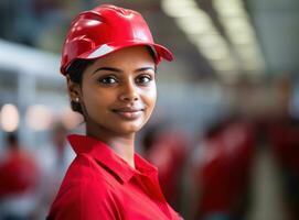 Indian female factory worker in helmet and uniform. AI Generated photo