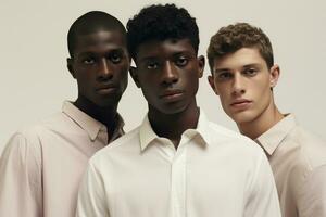 Tres multirracial joven hombres en formal blanco camisas ai generado foto
