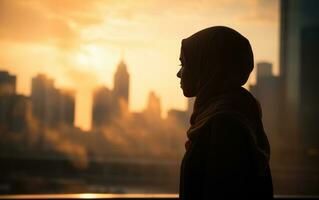 Silhouette of a Muslim woman looking at the city. AI Generated photo