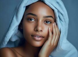 A young African-American woman with a towel on her head. AI Generated photo