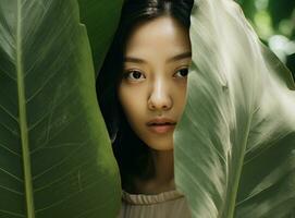 Young Asian woman looking through green leaves. AI Generated photo