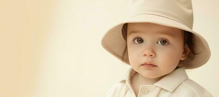 A baby boy in a beige hat and shirt with copy space. AI Generated photo