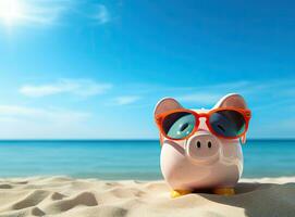 cerdito banco con Gafas de sol en el playa. ahorros. ai generado foto