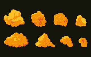 Smoke explosion animation of an explosion with comic flying clouds. Set of isolated vector illustrations to create an explosion effect. The effect of smoke movement, sparkle and dynamic boom.