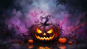 Scary Halloween Atmosphere - Purple Pumpkin in Angry and Mysterious Background. generative AI, photo