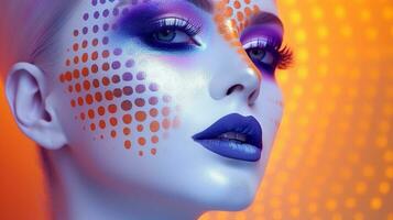 Original Face Close Up, White Face, Smokey Orange Eyeshadow e Purple Eyes - Advanced Makeup Art. generative AI, photo