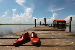 un par de rojo Zapatos es izquierda en un de madera muelle o muelle, con vista a el agua. el Zapatos son metido cerca el borde de el muelle, y el agua es visible en el antecedentes. foto