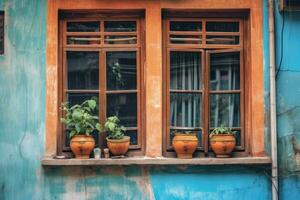 Colorful window box planters filled with plants and dirt photo