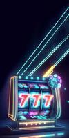 Neon Slot Machine with 777 Jackpot and Spreading Lights on Dark Background. Casino Game Concept, Generative AI Technology. photo