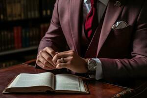 A Man in a Brown Jacket and Red Tie Observes a Book photo