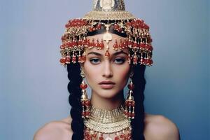 Elegant woman wearing traditional and cultural headpiece photo