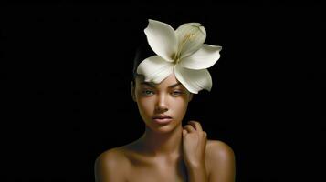 a beautiful woman wearing an elegant flower-shaped headpiece, which appears to be a large white flower with a yellow center. The headpiece is the main focus of the image, and the woman's striking photo