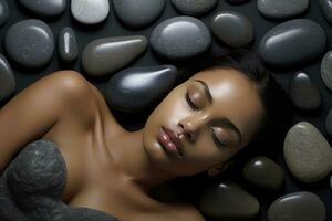 a beautiful woman peacefully sleeping on a rock-covered beach. Her head is resting on a rock, while other rocks are scattered around her. The beach setting and the presence photo