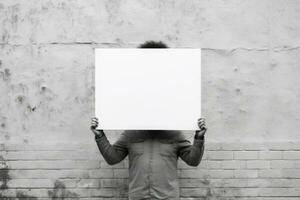 hombre participación un grande blanco tablero en frente de su cara foto