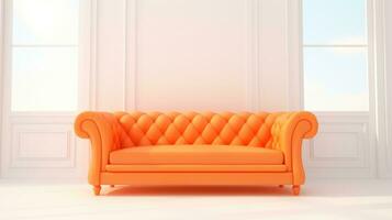 Modern orange sofa on legs on white background. Flat lay front view. photo