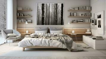 Scandinavian style interior design of modern bedroom with windows photo