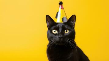 Cat celebrating birthday wearing party hat, isolated on yellow background photo