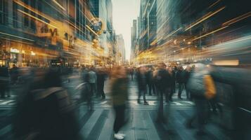 Pedestrian blur, crowd of people walking in city, panoramic view of people photo