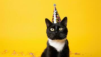 Cat celebrating birthday wearing party hat, isolated on yellow background photo