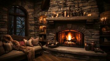 Fairytale hut with stone fireplace and cozy atmosphere. photo