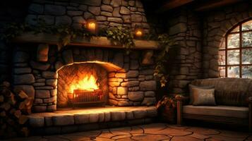 Fairytale hut with stone fireplace and cozy atmosphere. photo