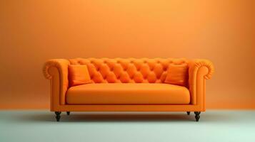 Modern orange sofa on legs on orange background. Flat lay front view. photo