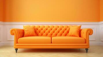 Modern orange sofa on legs on orange background. Flat lay front view. photo