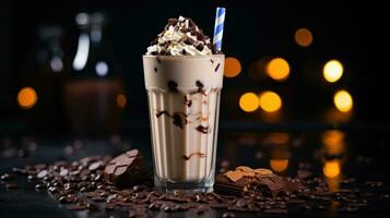 Chocolate milkshake with pieces of chocolate chip on a dark cozy background photo