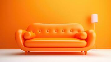 Modern orange sofa on legs on orange background. Flat lay front view. photo