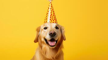 contento dorado perdiguero perro celebrando cumpleaños vistiendo fiesta sombrero foto